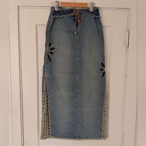 Illegal Jeans Denim Maxi Skirt with Crochet Trim